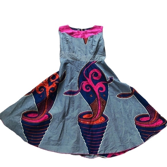 VTG Handmade UNIQUE Colorful ARTSY Sleeveless Dress Sz.10 Navy Pink BOLD Design - Picture 1 of 6